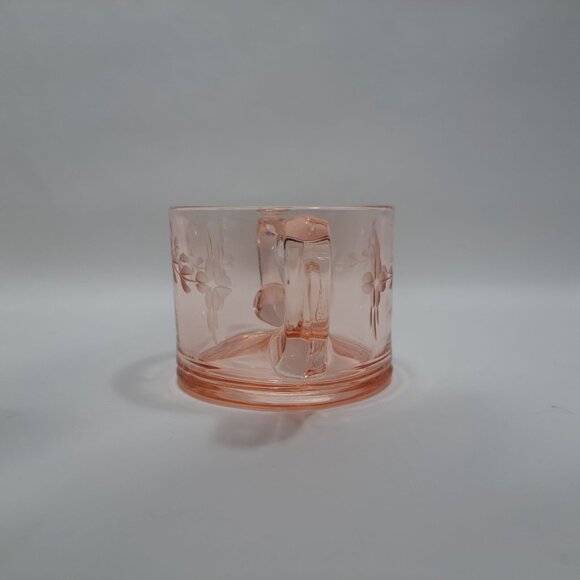 Pink Depression Double Handled Open Sugar Bowl Etched Floral Decor 30s Vintage - Picture 5 of 10